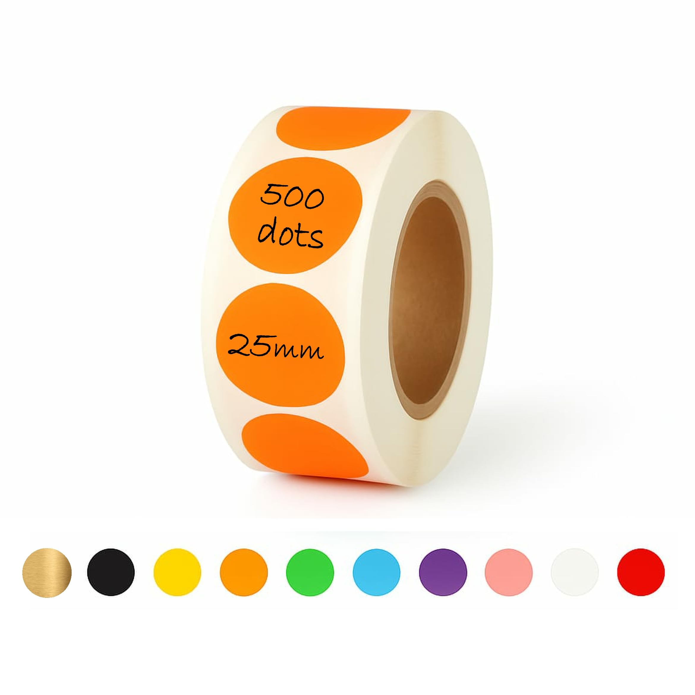 25mm Sticky Dots - 500 Round Coloured Dot Stickers, 10 Assorted Colours, Writable Semi Gloss Labels, Easy Peel Roll, Durable Circle Labels for Office, School Calendars, Crafts & Organisation (Orange)