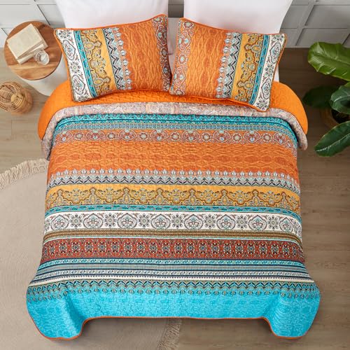 Conjunto bohemio a rayas naranja tamaño queen para dormir sin pasar calor 5