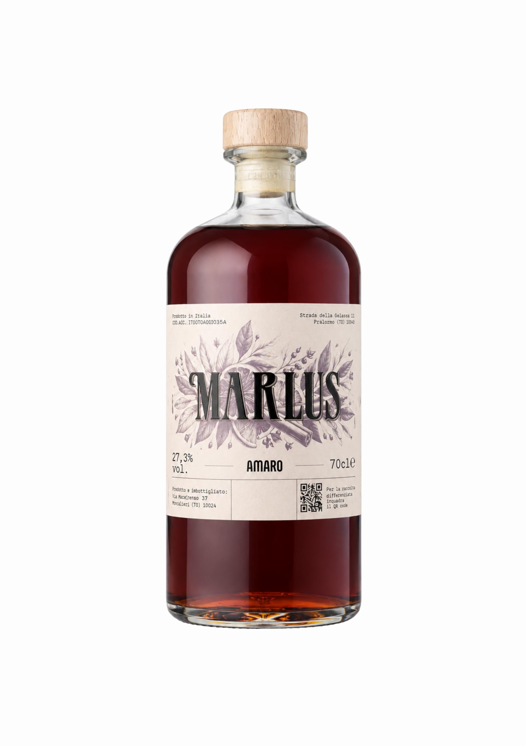 Marlus Amaro Artigianale Piemontese 70cl - Liquore Digestivo Naturale con Alloro, Arancia Dolce, Cannella e Rosmarino - Bitter Erbe e Agrumi per Cocktail, Aperitivo e Dopo Pasto - 100% Naturale