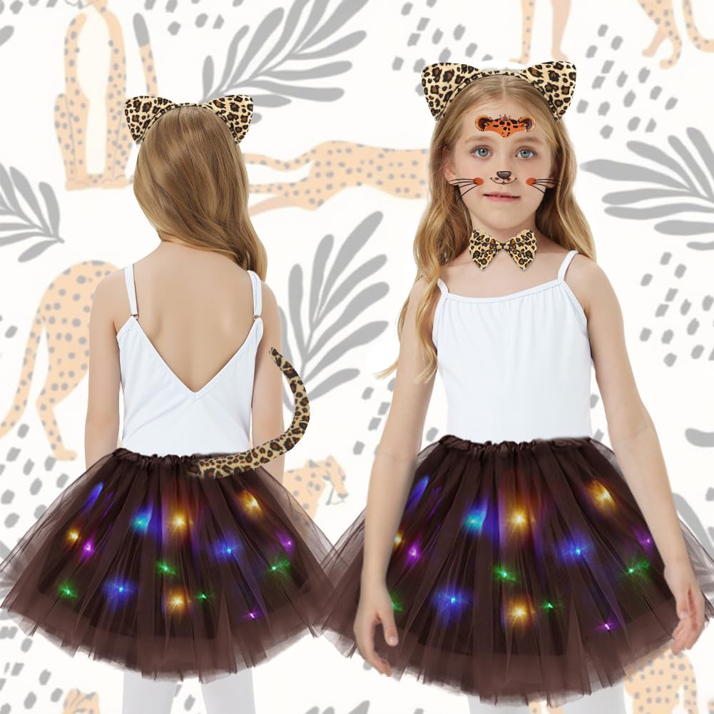 AOOWU Luminoso Costume Animale Bambina, Kit di 5 Pezzi Costume Animale Tutu LED Gonna con Cerchietti Orecchie Leopardo Coda Papillon Adesivi per Halloween, Carnevale Cosplay Party