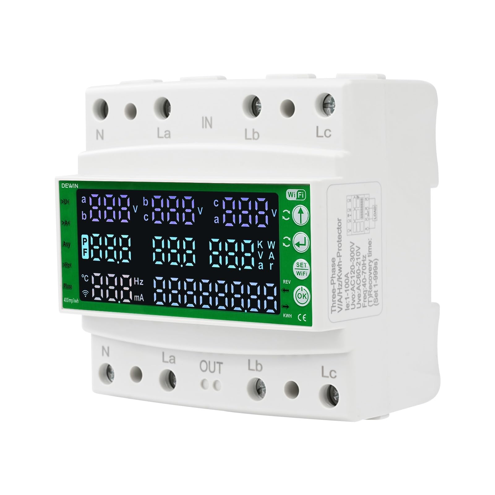 DEWIN Contatore elettrico 3 fasi, contatore di corrente trifase 3 fasi WiFi Smart Protector con funzioni di protezione da sovratensione, sottotensione, sovracorrente e corrente residua AC 60-300V