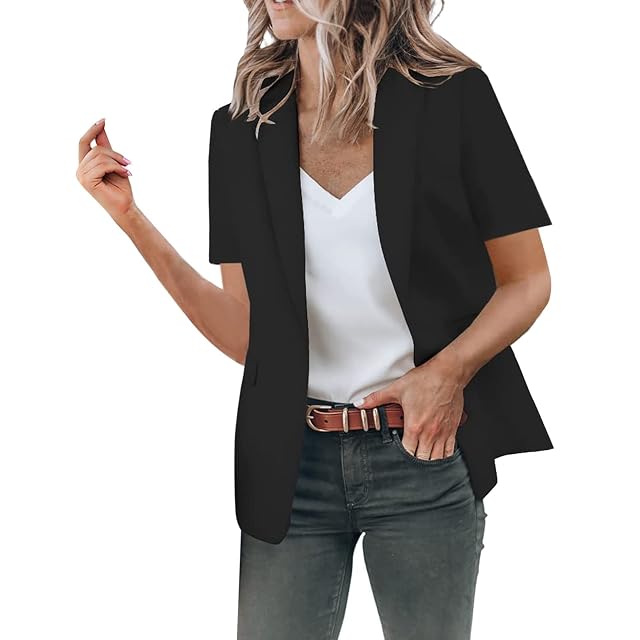 Womens Slim Fit Casual Lapel Button Short Sleeve Suit Jacket Work Coat Comfortable Lightweight