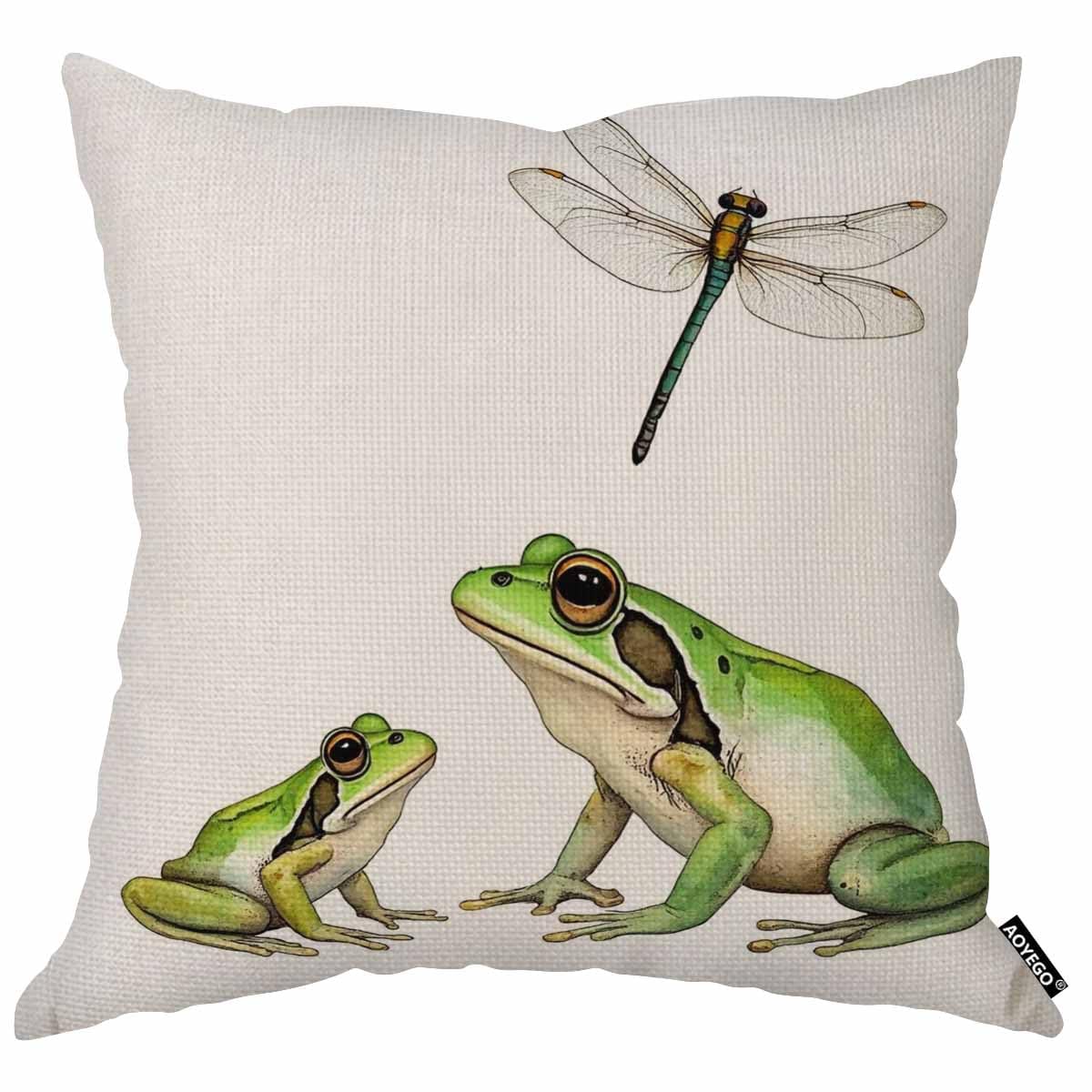AOYEGO Frog and Dragonfly Throw Pillow Cover Watercolor Amphibian Bullfrog Predator Insect Fly Bug Wings Pillow Case 18x18 Inch Decorative Cotton Linen Square Cushion for Home Couch Bed