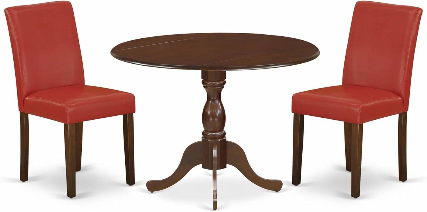 East West Furniture DMAB3-MAH-72 3 Piece Kitchen Table Set Contains a Round Dining Room Table with Dropleaf and 2 FireBrick Red Faux Leather Parson Dining Chairs, 42x42 Inch, Mahogany