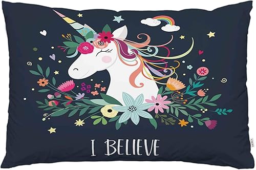EKOBLA Funda de almohada con texto en inglés "I Believe" con frase de unicornio, pintada a mano, animales lindos dibujos animados, flores