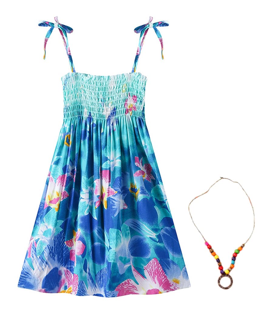 Flenwgo Girls Bohemian Dresses Floral Sleeveless Rainbow Beach Sundress with Necklace 2-12T