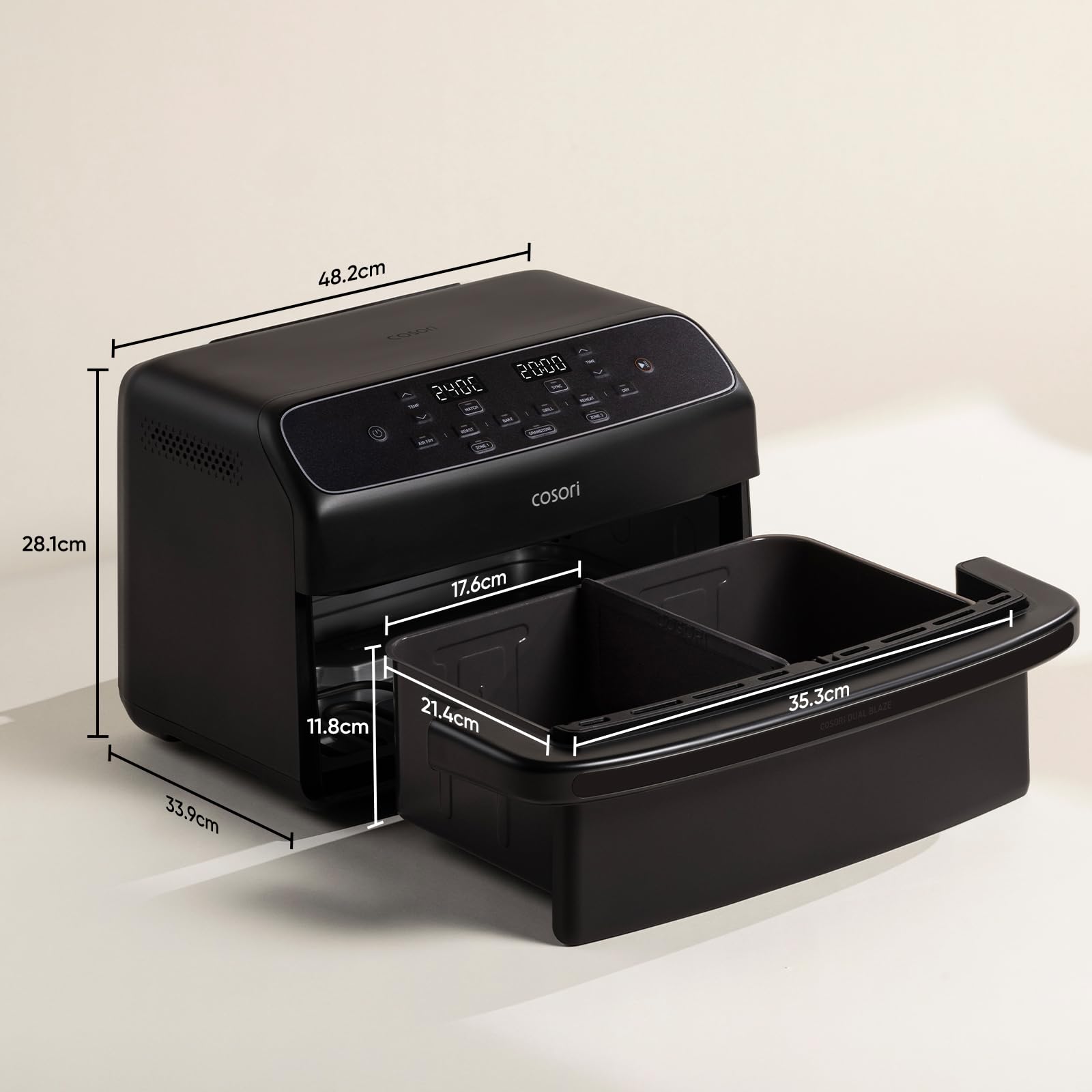 Cosori Friggitrice ad Aria Twinfry Compact 8,6 Litri, Doppio Cestello 4,3L+4,3L e Separatore Rimovibile, Doppia Resistenza Air Fryer, Rivestimento Ceramico No PFAS, 6 Funzioni, 35-240℃, 2700W