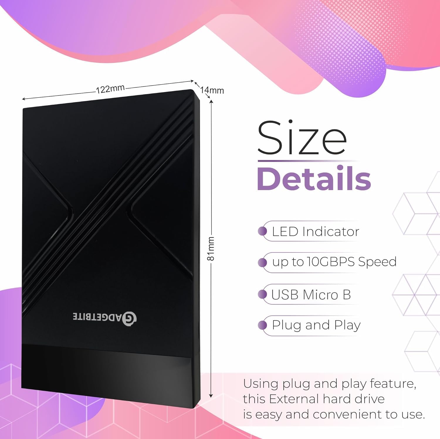 Gadgetbite Boîtier pour disque dur externe sans outils avec vitesse de transfert rapide jusqu'à 5 Gbit/s et capacité de stockage jusqu'à 4 To avec SSD/HDD 2,5 SATA (noir, USB vers Sata)