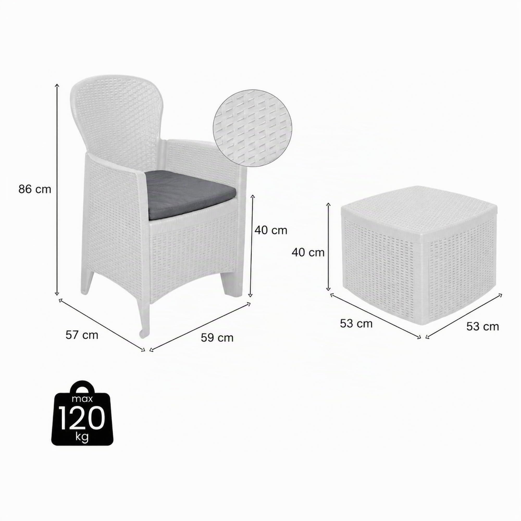 Dmora - Set salotto da esterno Napoli, Composizione da giardino con 2 poltrone ed 1 tavolino contenitore, Salottino effetto rattan, 100% Made in Italy, Bianco