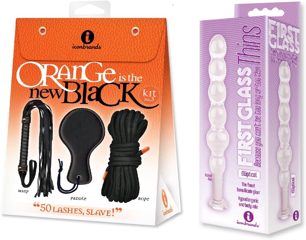Sex Toy Gift Set Bundle of Orange is The New Black, Kit #3-50 Lashes, Slave! and Icon Brands Glass Thins, Elliptical Glass Plug