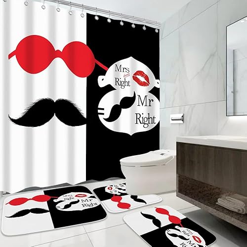 Miniatura 2 de TheBlackSpot Juego de cortinas de ducha románticas con estampado de barba y labios, 72 x 72 pulgadas, con Mr Right y Mrs Right, alfombra de baño de