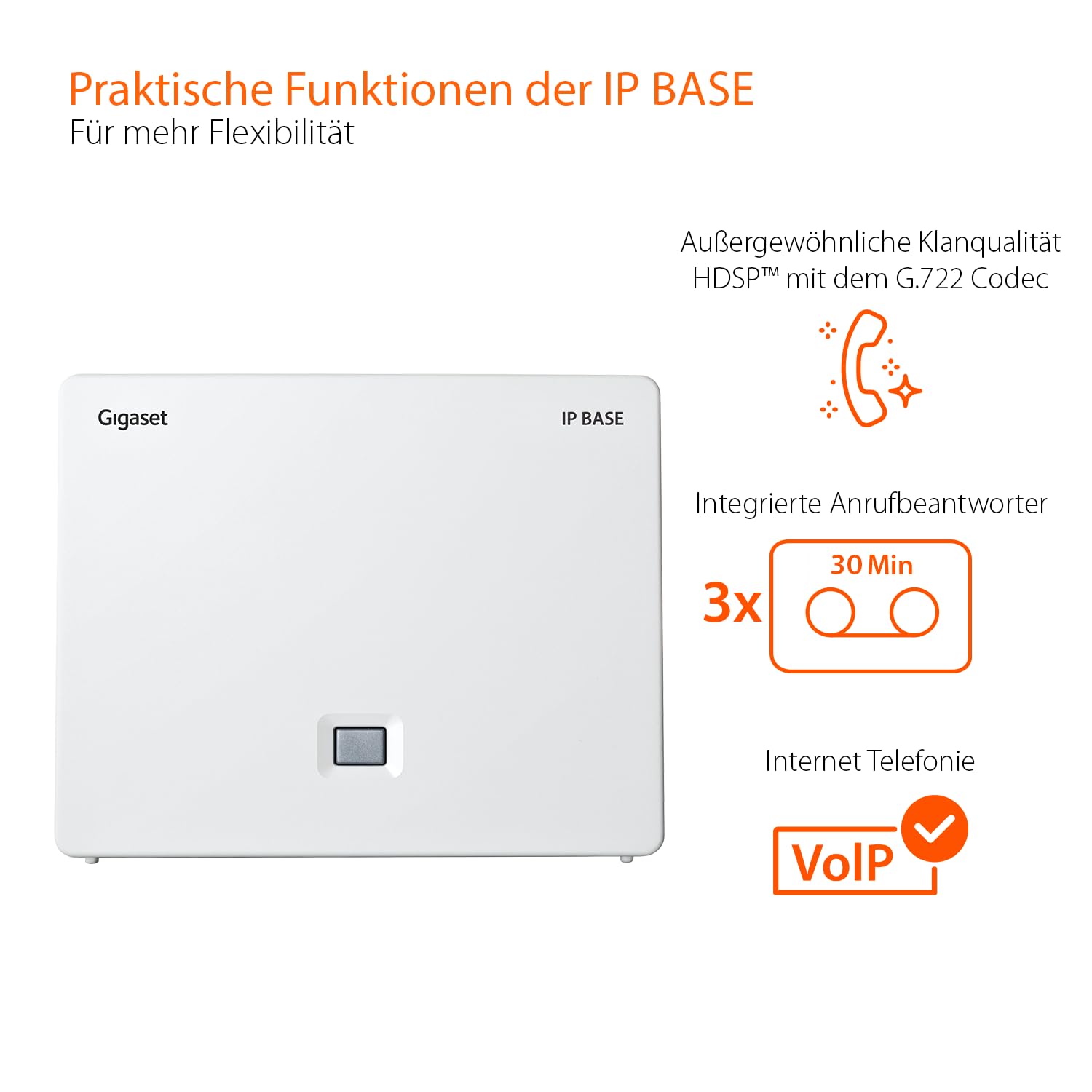 Gigaset IP Base - DECT-Basis-Station für Ihr eigenes Kommunikationssystem - unterstützt 6 Mobilteile - Zugriff auf Google und Office 365-Kontakte - zentrales Telefonbuch - 3X Anrufbeantworter, weiß
