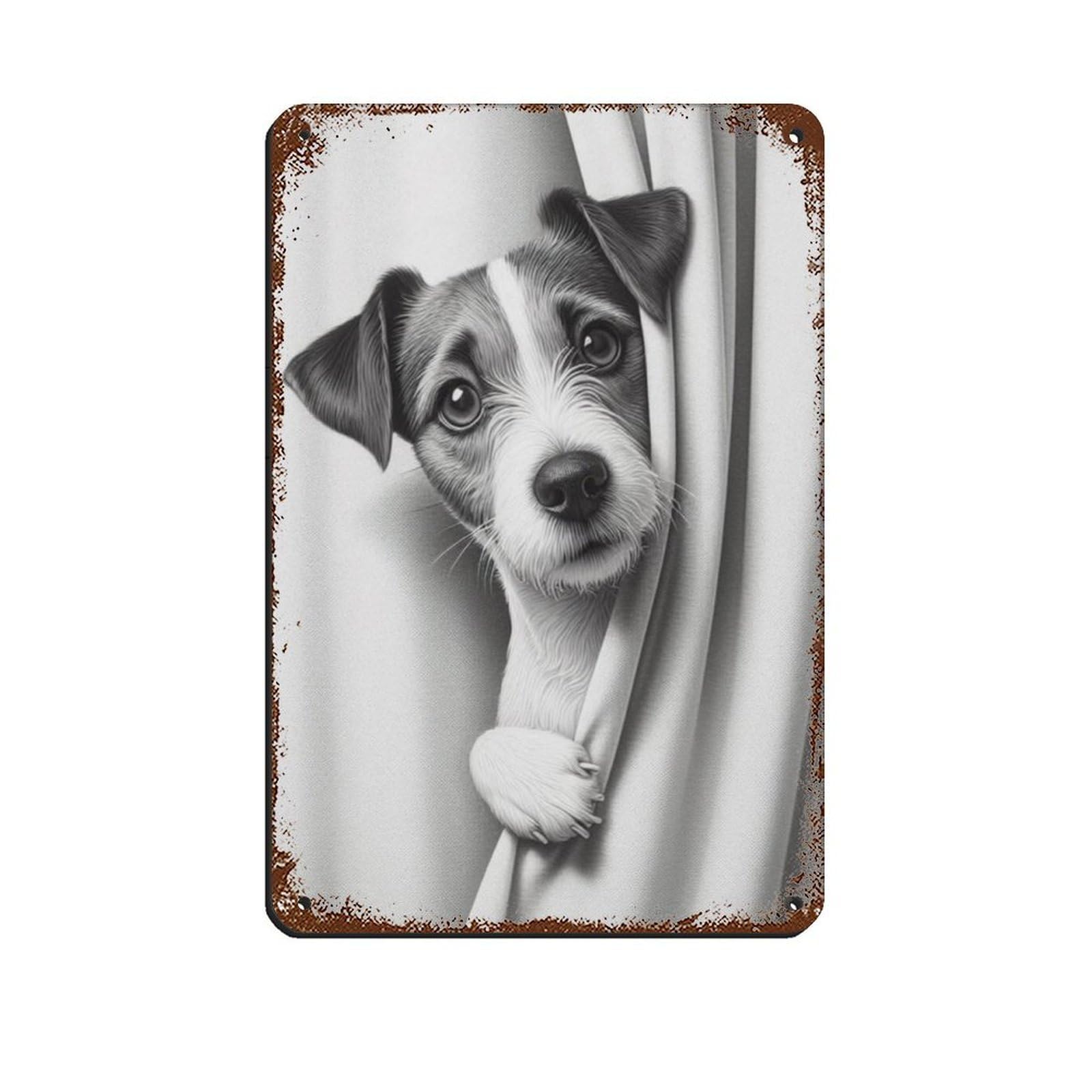 Dog Peeking Out of Shower Curtain Poster Retro Poster Metal Tin Sign Chic Art Retro Iron Painting Bar People Cave Cafe Family Garage Poster Wall Decoration 8x12inch(20x30cm)