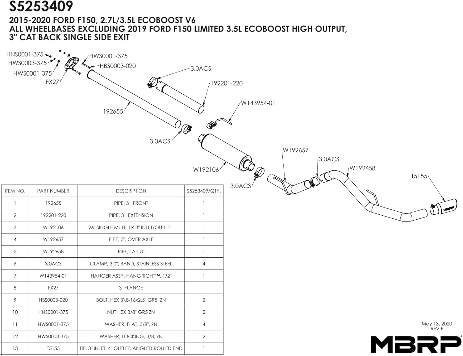 MBRP S5253409 T409 3" Single Cat Back