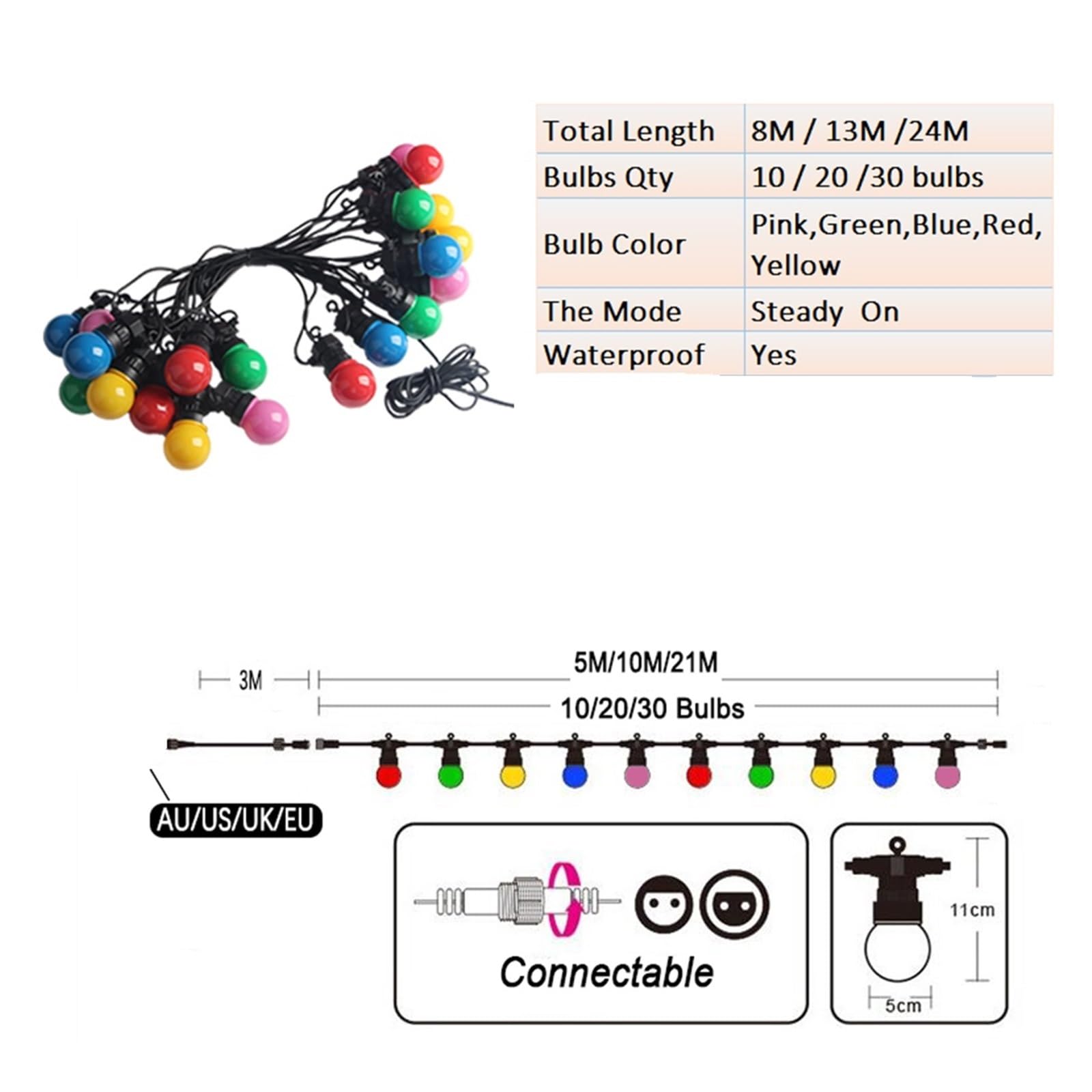 Sternen-Lichterketten, Lichterkette mit Kugeln, mehrfarbig, 8 m/13 m/24 m, Außendekoration(Clea Bulb,UK-13M 20BULBS)