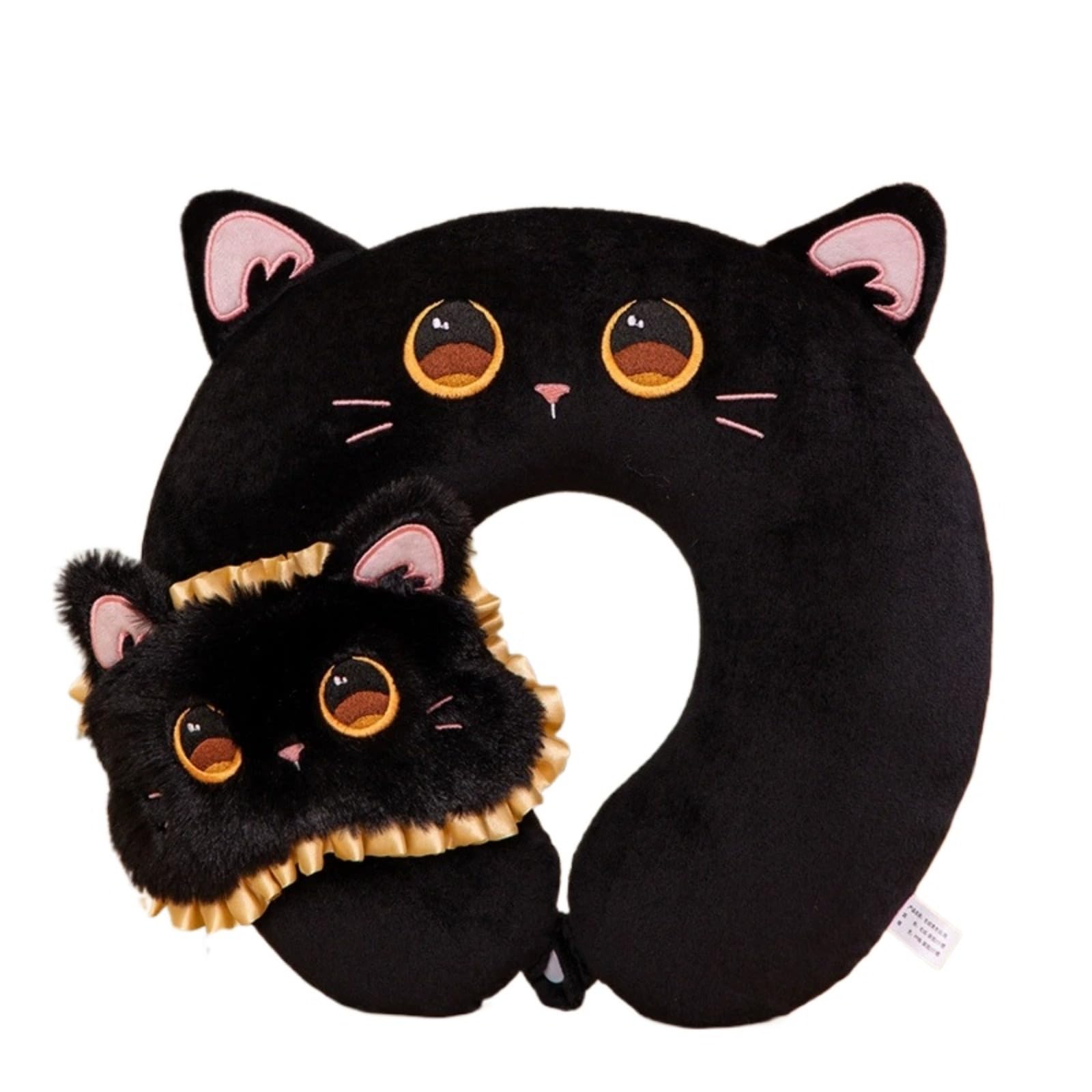TROYSINC Karikatur Reisekissen für das Flugzeug mit Augenmaske, Memory Baumwolle Nackenkissen Kopfstütze Schlafkissen für Kinder und Erwachsene, Zuhause und Büro Schlafkissen (Schwarze Katze)