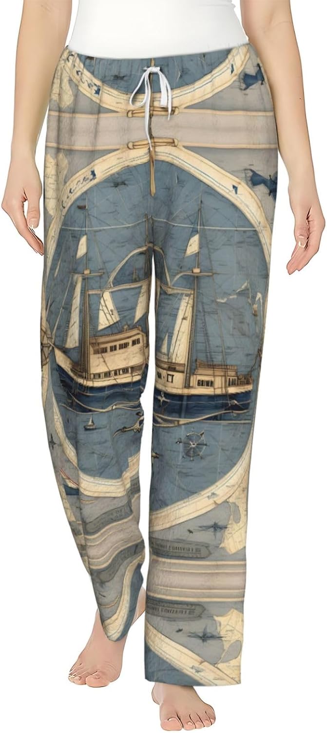Nautical Sailboat Map Print Print Cozy Flannel Pajama Pants For Women,Warm Christmas Pj Pants,Cute Fleece Pajamas