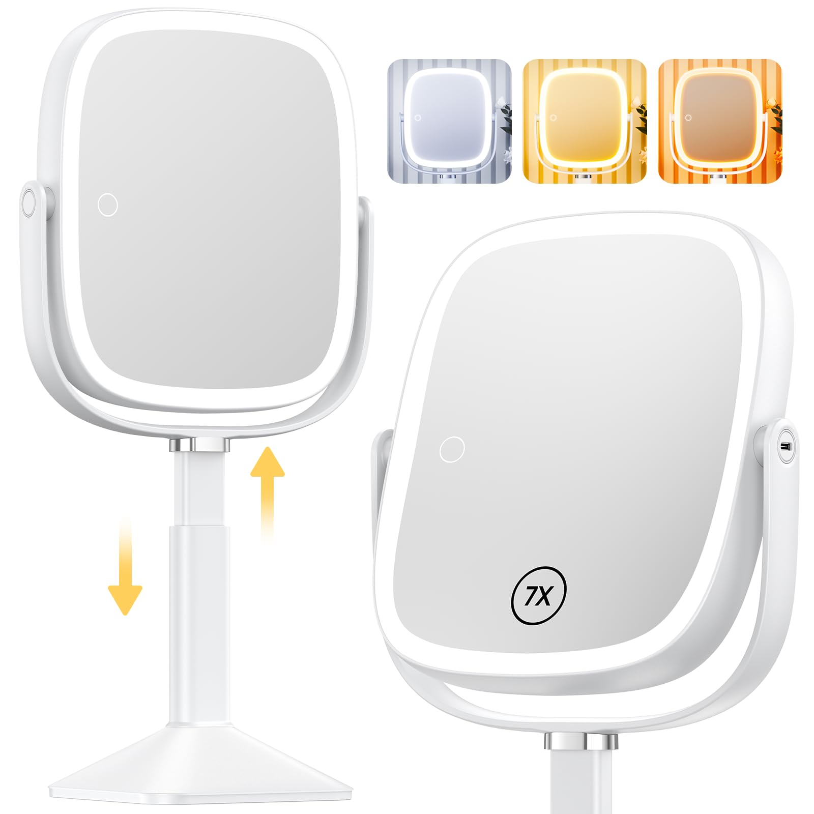 Photo 1 of Gospire Rectangle Lighted Makeup Mirror with Lights and 1X/7X Magnifying Mirror, Height Adjustable and 4000mAh Rechargeable for Bedroom, 8.5”x7.4” Large Surface, Stepless Dimming - White
