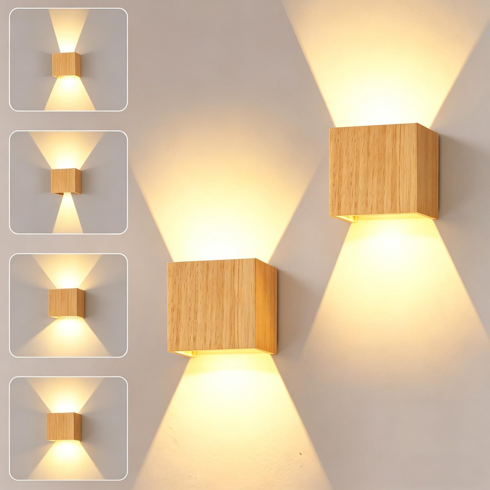 2Paire Applique Murale LED Intérieur 8W,Bois 3000K Carrée Blanc Chaud Décor