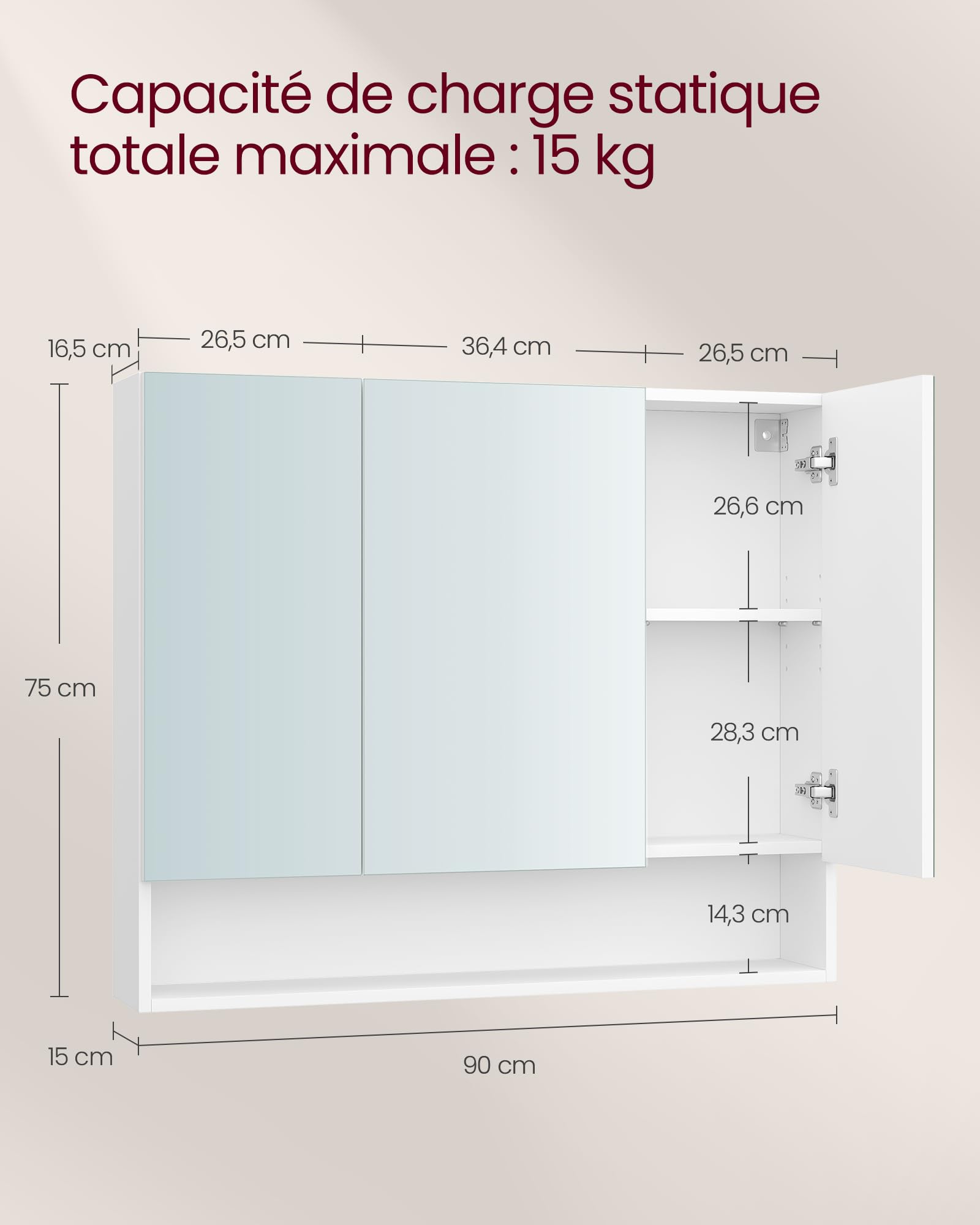 VASAGLE Kailyn Collection - Armoire de Salle de Bain avec Portes Miroir, Meuble de Rangement Mural, Compartiment Ouvert, Étagères Réglables, 16,5 x 90 x 75 cm, Blanc Nuage BBK130W01