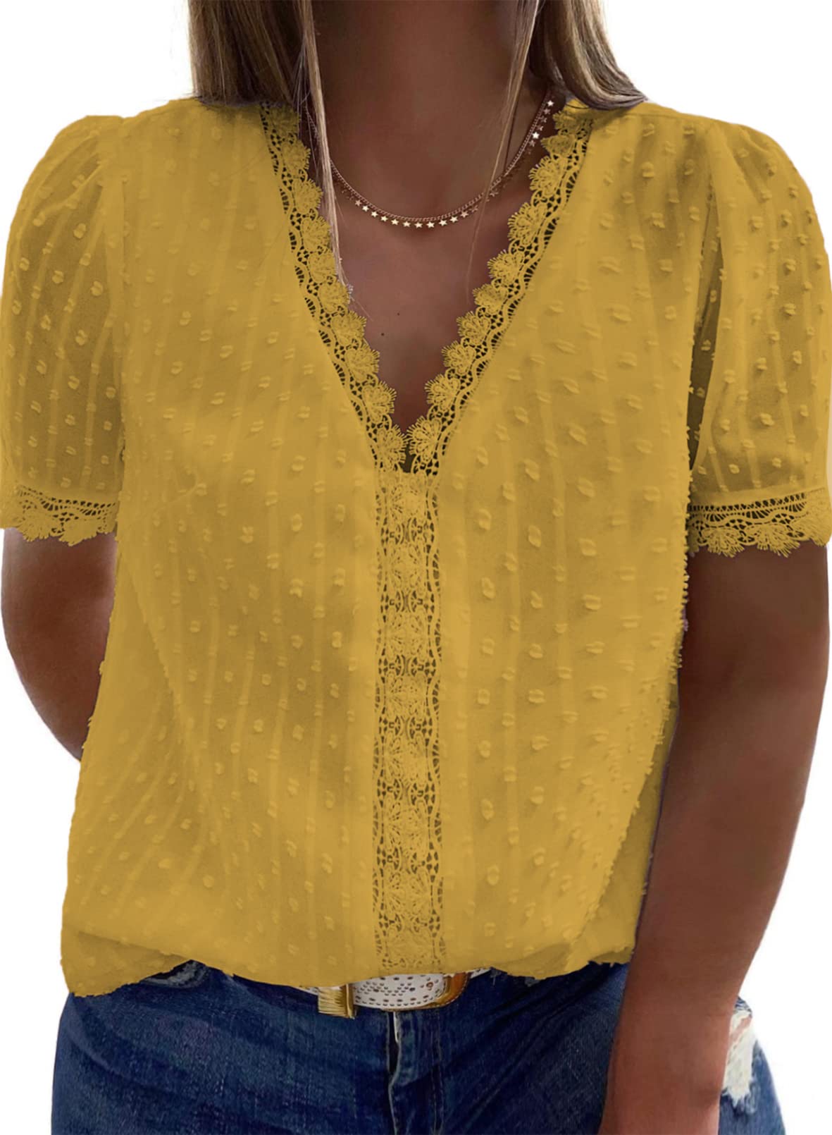 Eytino Womens Plus Size Tops Casual Summer Short Sleeve V Neck Lace Crochet Chiffon Blouses Shirts(1X-5X)