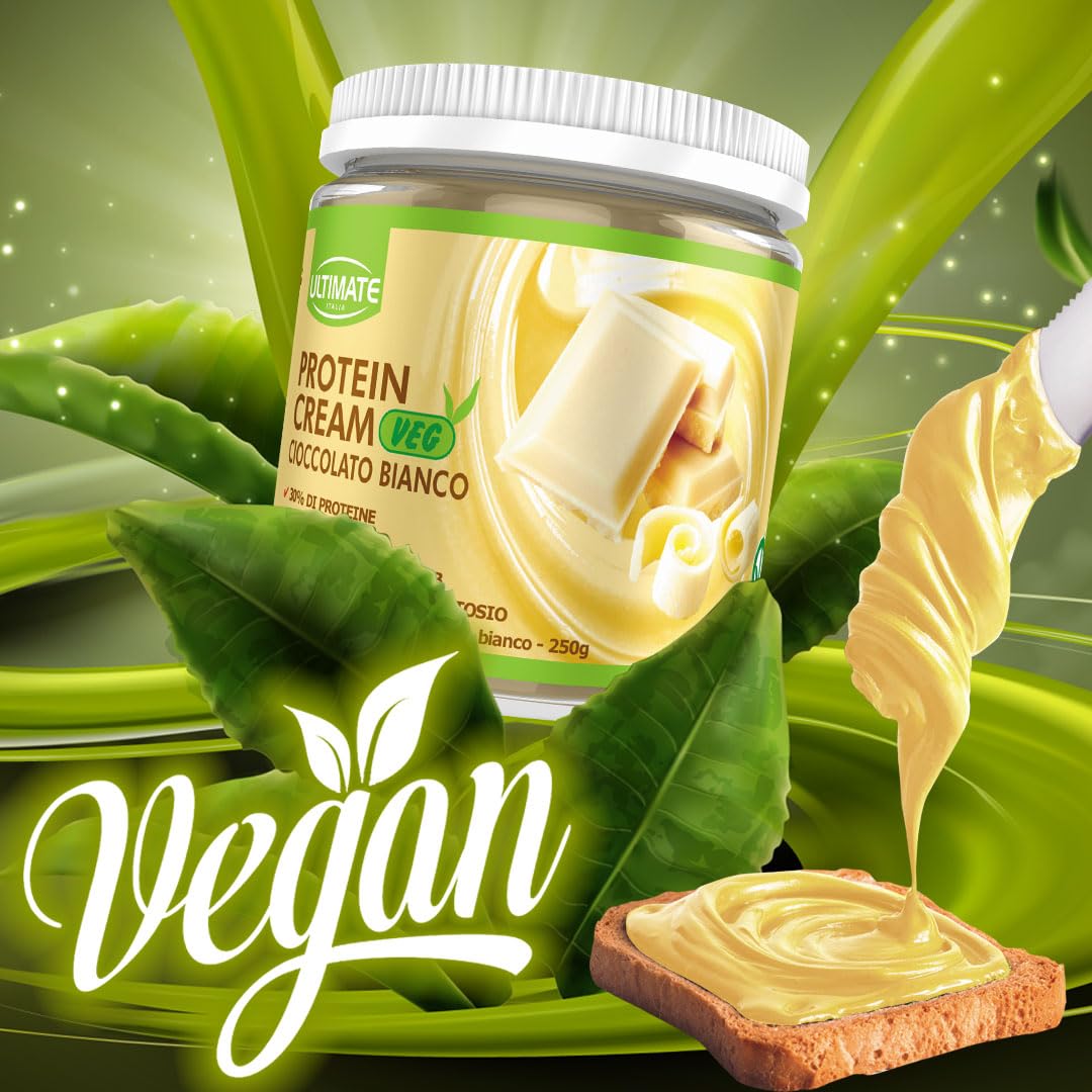 Ultimate Italia - Crema proteica al 30% spalmabile, senza zuccheri - 250g - gusto cioccolato bianco - senza lattosio e glutine - 100% vegetale - poche calorie, con vitamine