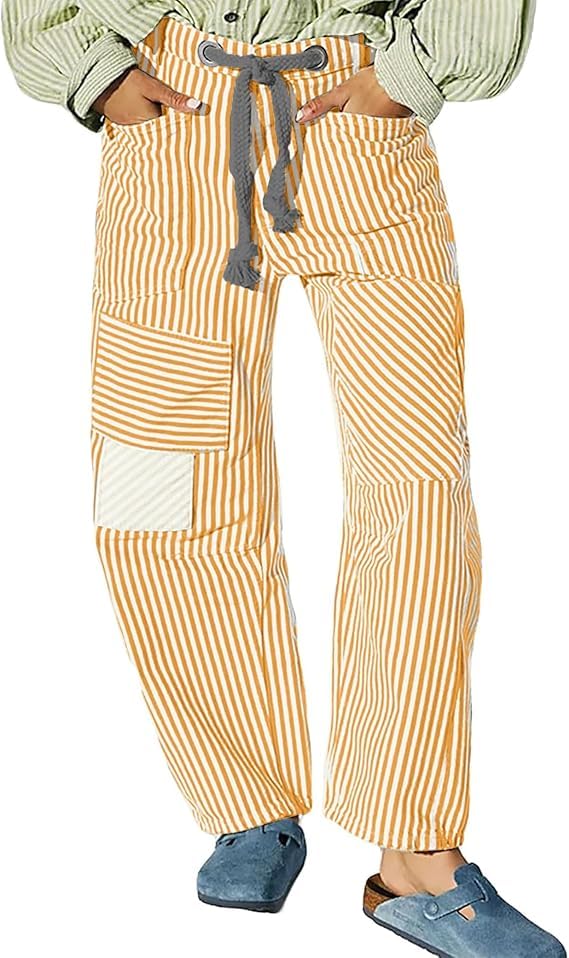 Baggy Barrel Jeans for Women Striped Patchwork Pants Drawstring High Waist Straight Wide Patchwork Tie Waist Jeans