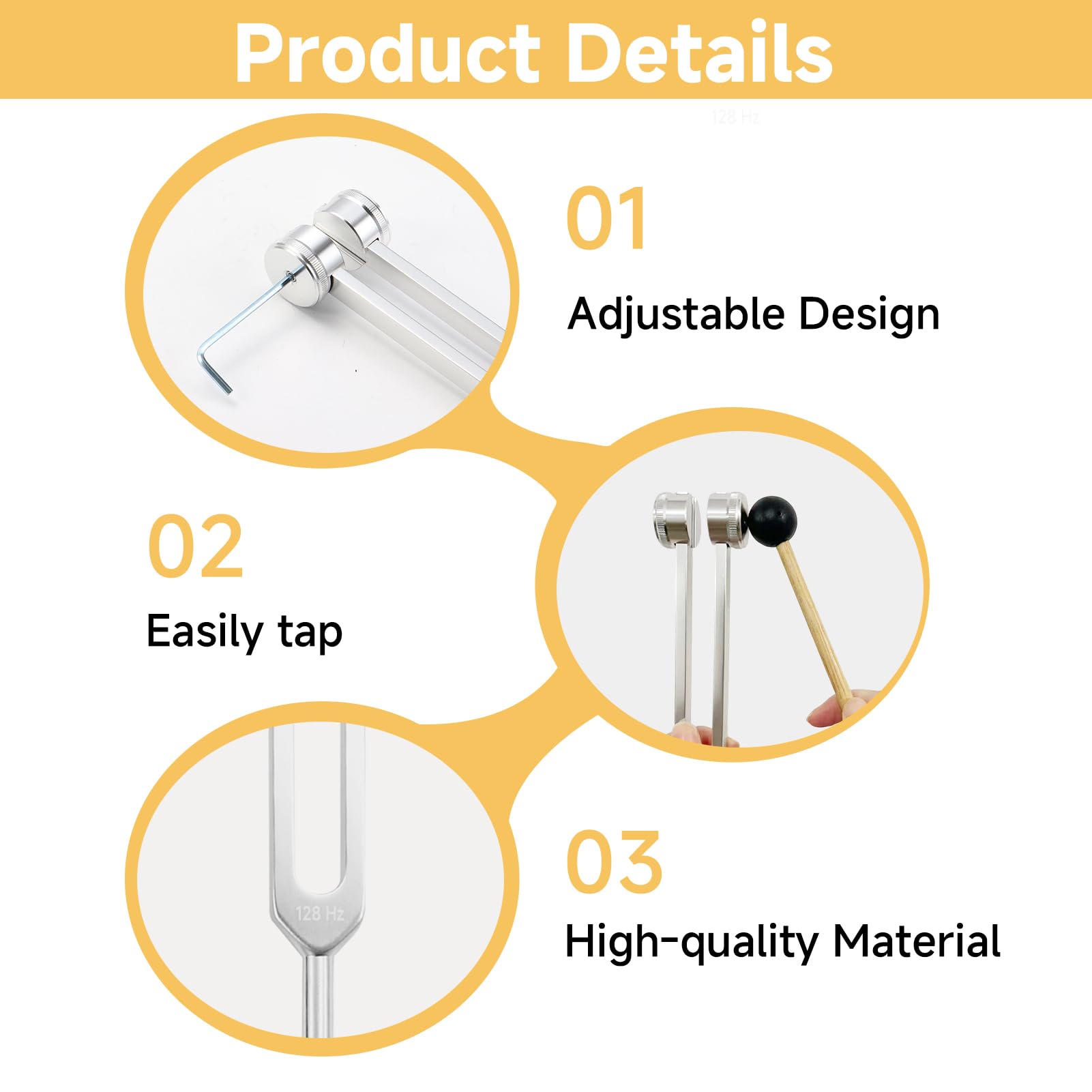 5 Diapasón terapéutico 128 Hz con martillo de silicona, Diapasón vibratorio de aleación de aluminio, kit con bolsa y paño de limpieza para relajación, meditación, equilibrio vibratorio