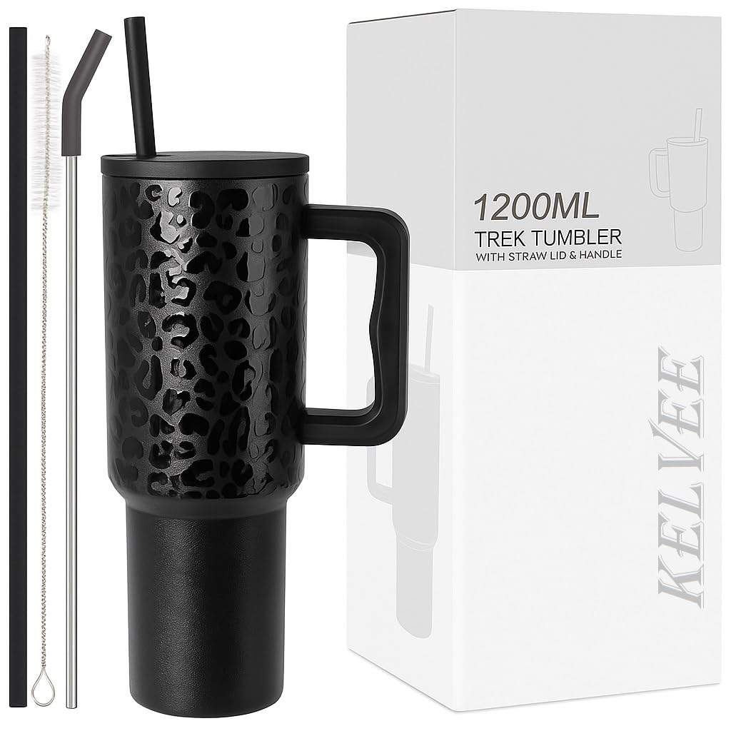 KELVEE 40oz Tumbler with Handle and Straw Lid, Reusable Cup Leakproof Iced Coffee Sipper Mug for Keeping Beverages Water Hot or Cold,Perfect for Travel, Gym 1.2L (Black Leopard)