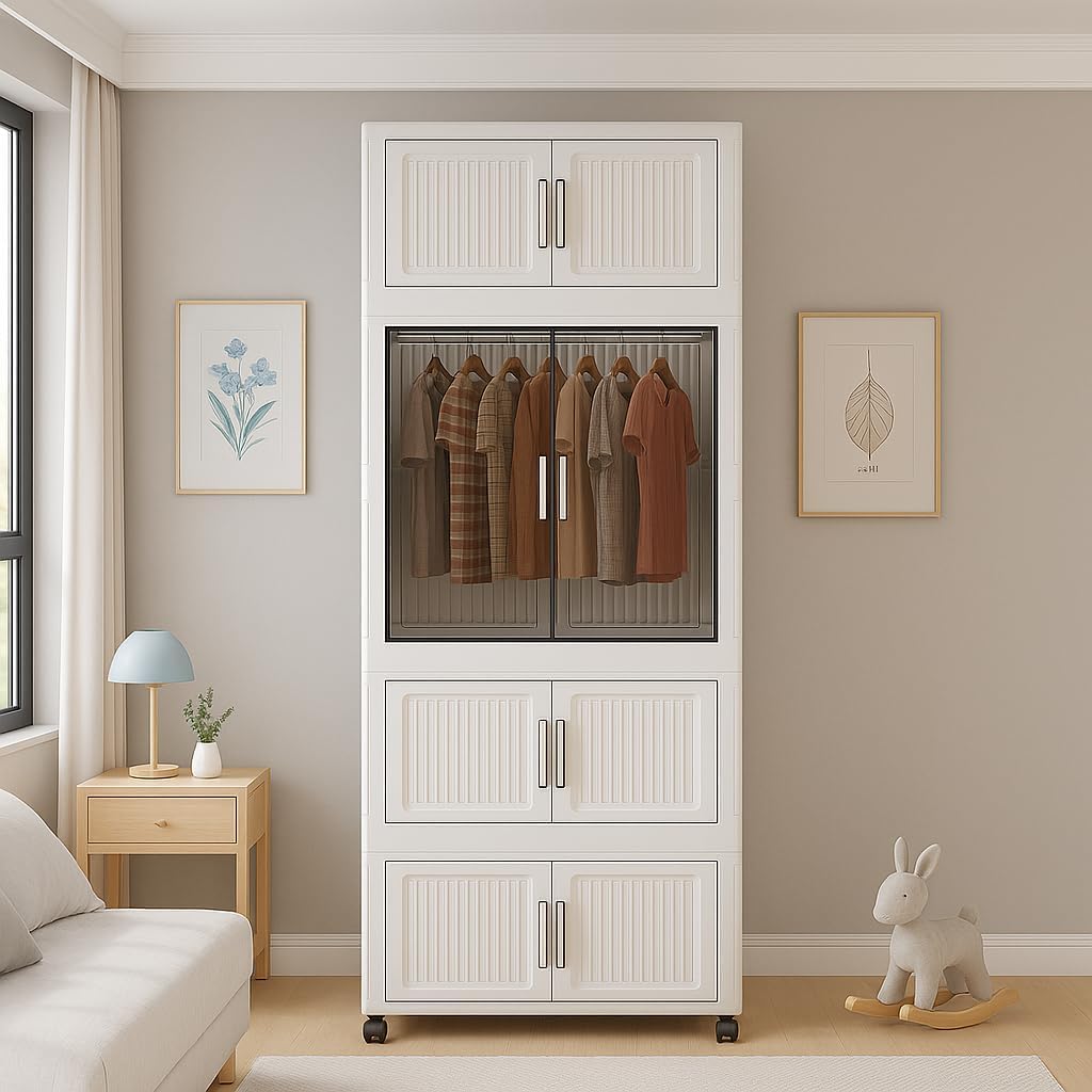 4-Door Plastic Wardrobe for Kids Almirah and Wardrobes for Baby Clothes Modular Storage Cabinet with Wheel Kids Multipurpose Organiser for Clothes/Shoes/Books/Toy White-713-image-40