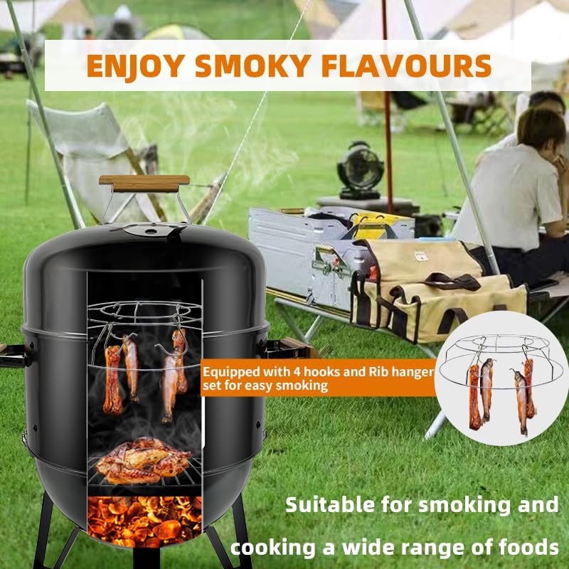 Miniatura 6 de Parrilla de barbacoa de humo multiusos esmaltada de 17 pulgadas, temperatura ajustable, vertical, resistente, horno de pizza en patio, área de