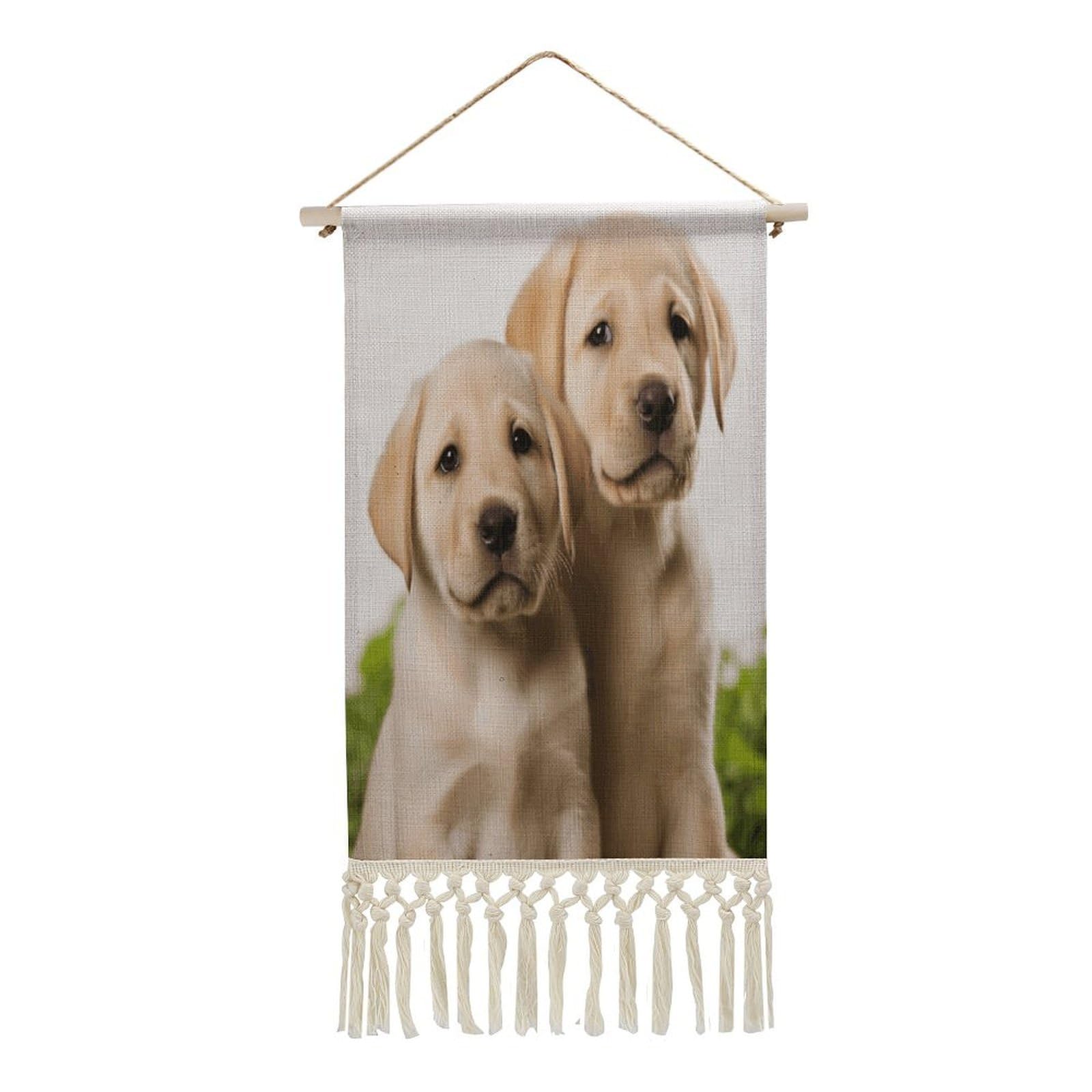 VstaDank Funny Labrador Puppy Dog Wall Art Decor with Tassels 20"x10" Cotton Linen Hanging Tapestry Decor Wall Art Prints Wood Frame Boho Wall Art Poster for Bedroom Living Room Office