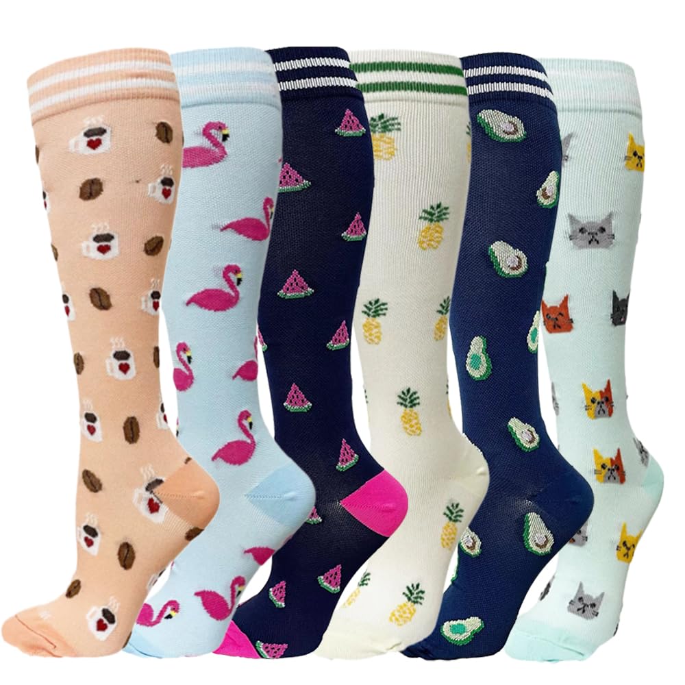 6 Paires de Chaussettes de Compression pour Homme et Femme de Contention Colorées Pour Le Sport, La Course, Les Voyages, Le Cyclisme