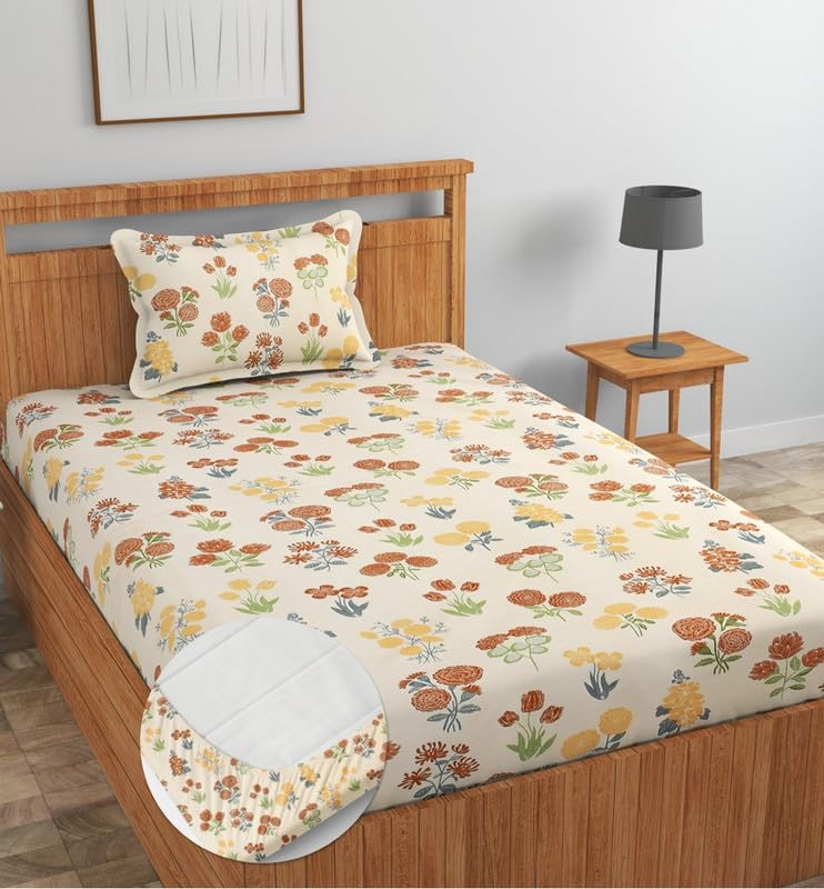 Image of NEW LEAF Premium Cotton Elastic Fitted Bedsheets with 1 Pillow Covers |Solid or Plain Single Bed Elastic 220 TC Supersoft Breathable & Wrinklefree | for 72x36+6 Inches, Green Beige