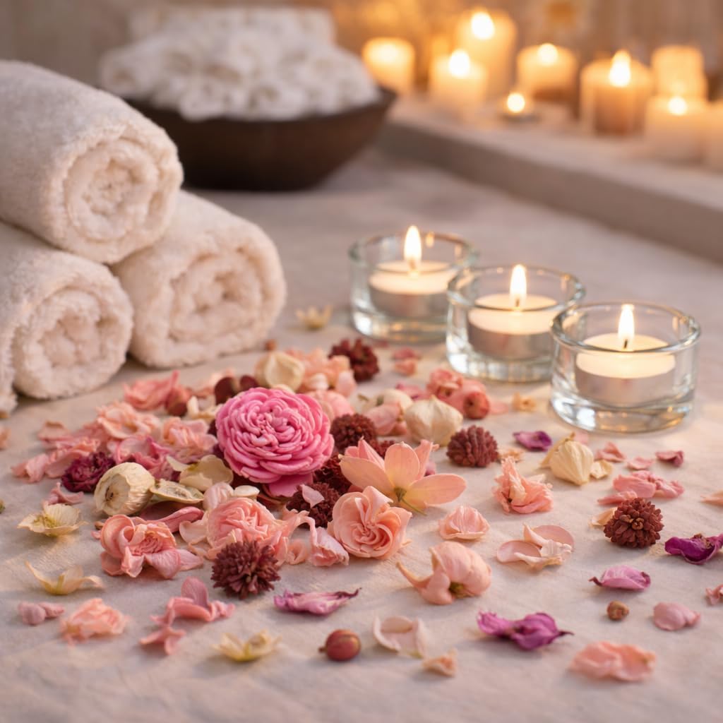 Coffret de Pot-pourri Parfumé Fleurs Roses avec 3 Bougies Chauffe-Plat