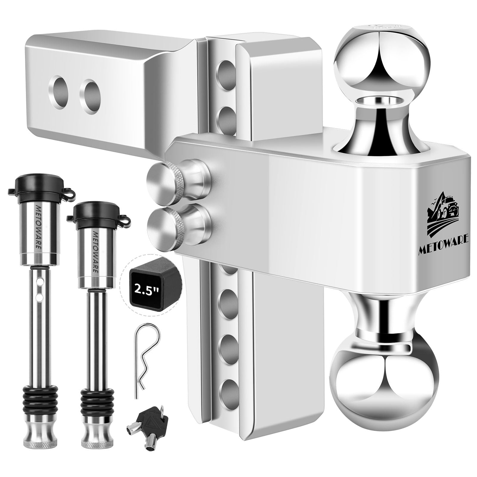Adjustable Trailer Hitch - Aluminum Drop Hitch Fits 2.5-Inch Receiver - Heavy Duty Tow Hitch with 6-Inch Drop/Rise for Truck (18,000 LBS GTW), Double Stainless Steel Locks & Hitch Pin