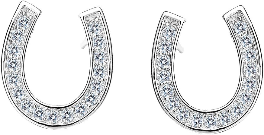 925 Sterling Silver Daily Wear Pave CZ Lucky Horseshoe Stud Earrings