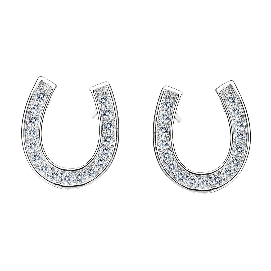 925 Sterling Silver Daily Wear Pave CZ Lucky Horseshoe Stud Earrings