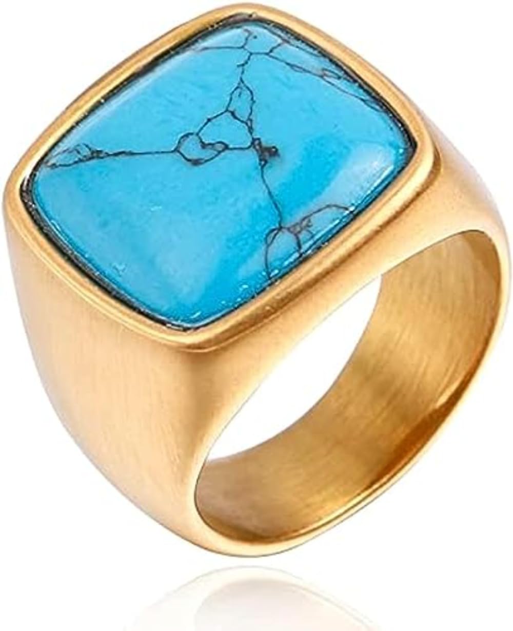 Stainless Steel Bands Inlay Black Onyx, Tiger Eye, White Dotted Sapphire, Turquoise Stone Men Women Ring Size 7-15
