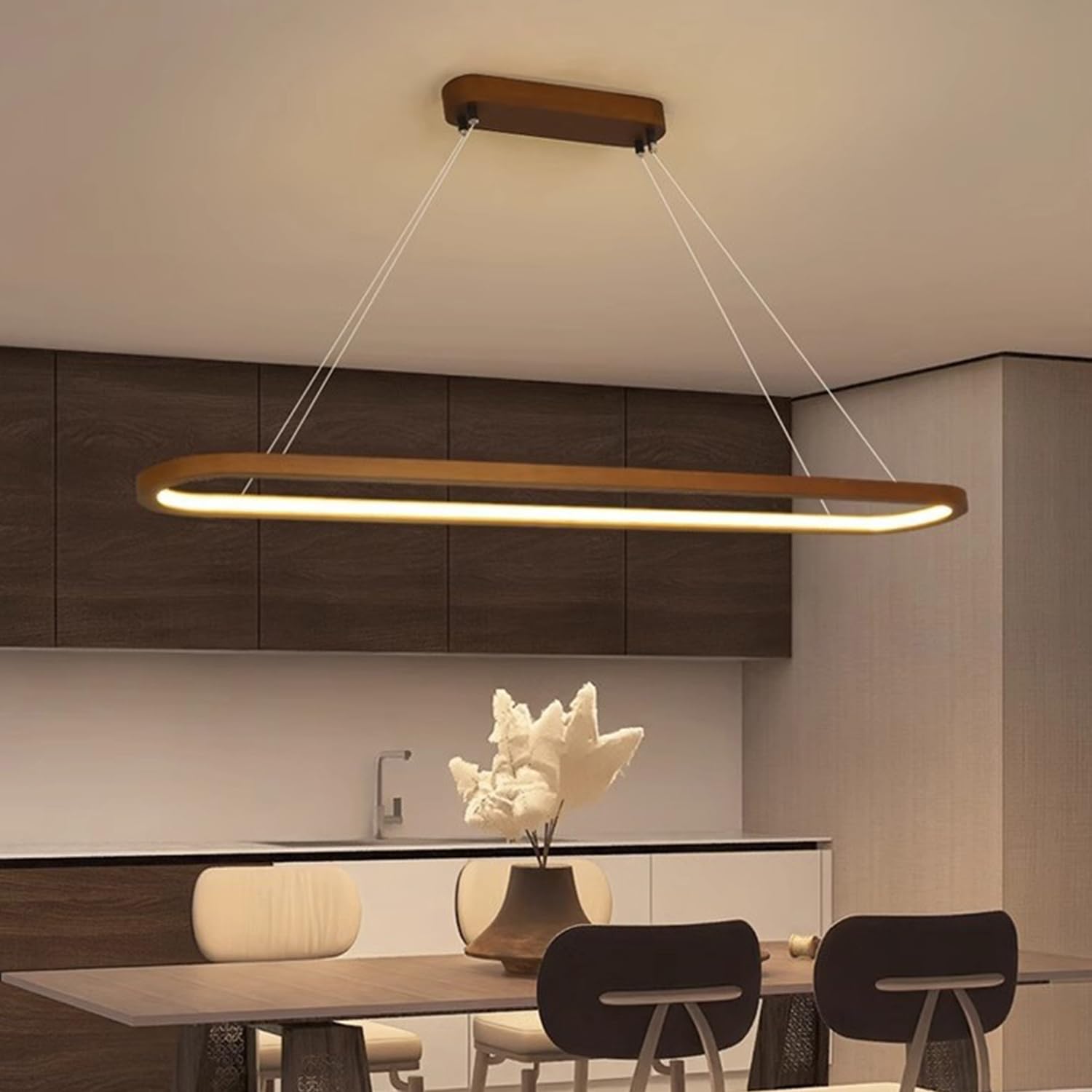 LED Wood Dimmable Pendant Lamp Modern Oval Chandelier Dining Table Office Dining Room Lamp Height Adjustable with Remote Control Hanging Lamp for Dining Room Bedroom Living Room (Peach Wood, 70cm)