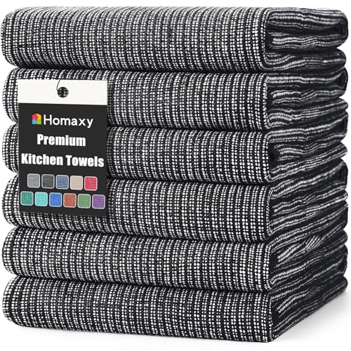 Homaxy Premium Kitchen Towels(18”x 28”, 6 Pack), Large Cotton Kitchen Hand Towels, Flat and Terry Dish Towels, 380 GSM Highly Absorbent Tea Towel Set with Hanging Loop, Black