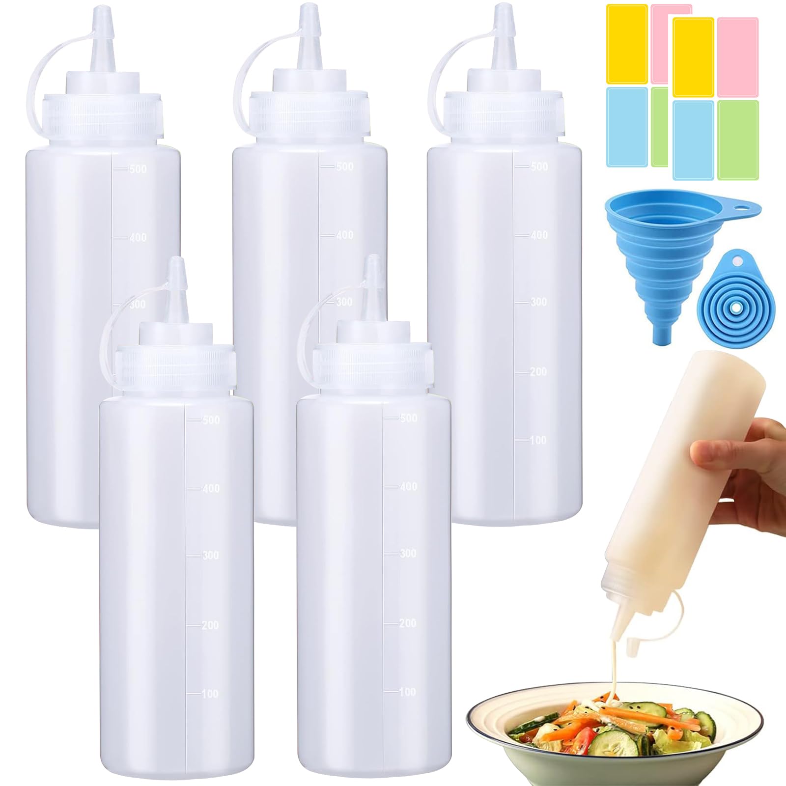5 Pcs 500ML Squeeze Condiment Bottles with Caps, 16oz Reusable Squeezy Sauce Bottles for Ketchup, BBQ, Paint and Olive Oil (Come with Sticker Lable)