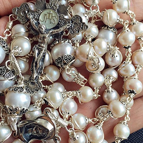 elegantmedical HANDMADE Wire Wraped Bali 925 Sterling Silver AAA+ 8-9mm Real Pearl Beads Catholic Rosary NECKLACE Cross crucifix Box2