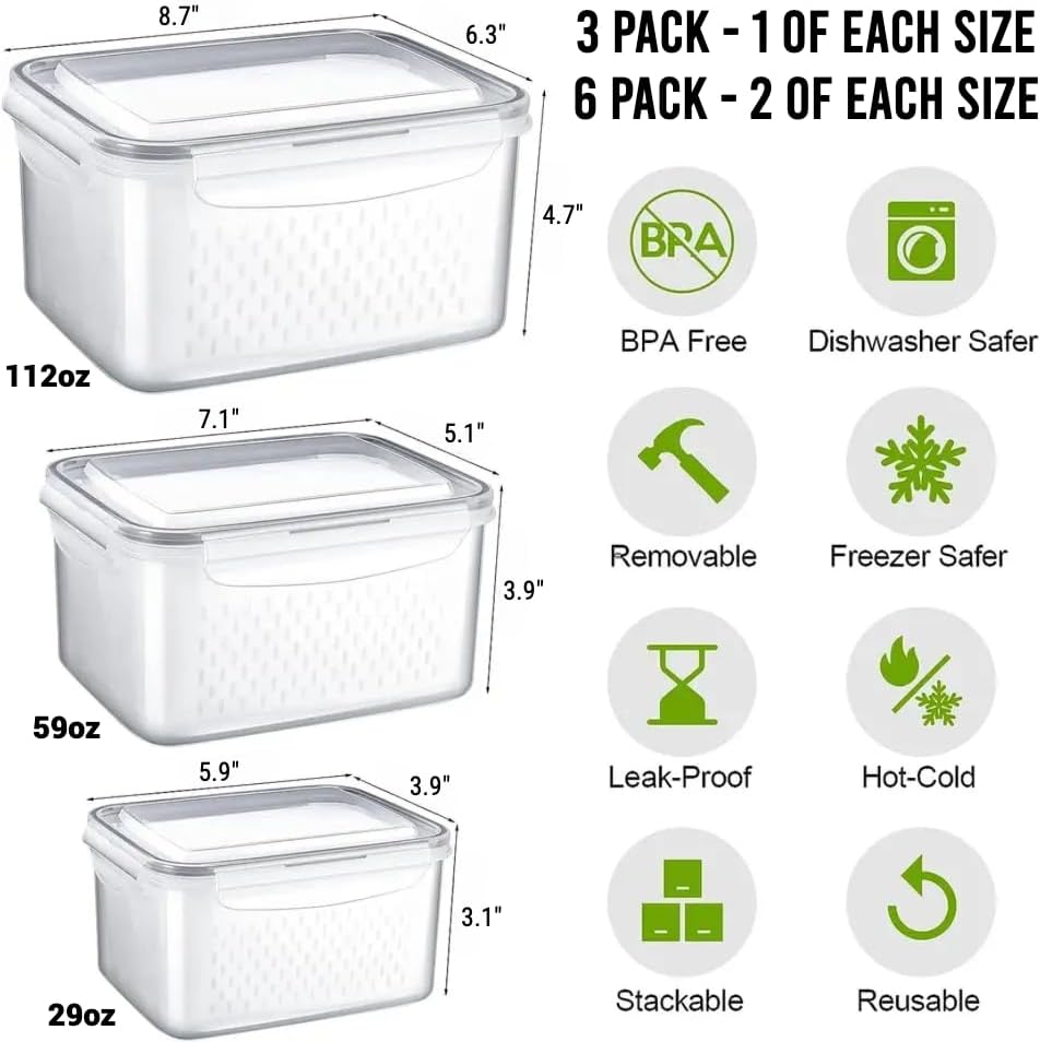 Miniatura 2 de Paquete de 3 recipientes de almacenamiento de frutas para refrigerador con colador extraíble, recipientes herméticos de almacenamiento de alimentos