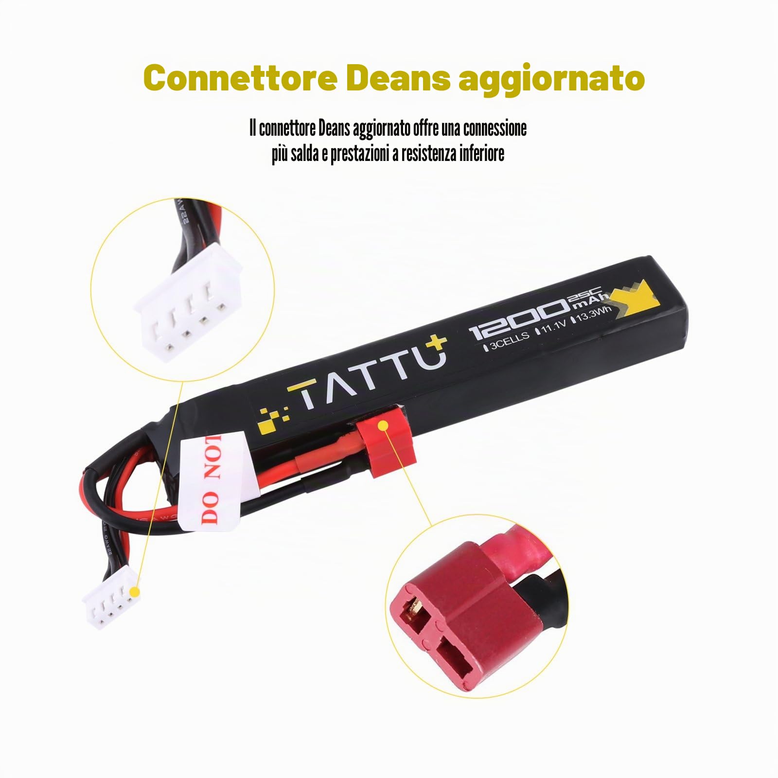TATTU Batteria LiPo Airsoft Stick da 11,1 V con connettore Deans, 3S 1200 mAh 25C Battery Pack for Airsoft Gun