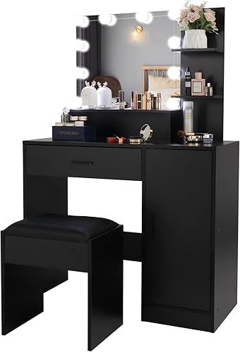 Juego de tocador grande, mesa de maquillaje iluminada con taburete de tocador, tocador de maquillaje con luces, escritorio de maquillaje con