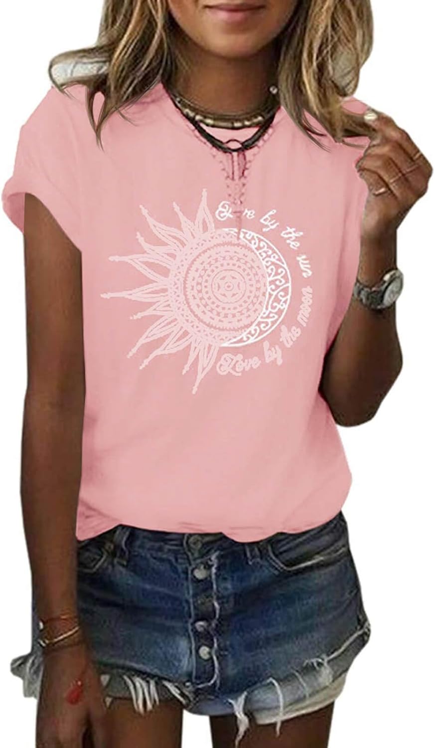 MaQiYa Womens Graphic Tees Summer Vintage Short Sleeve Cotton Moon and Sun Printed T Shirts Tops