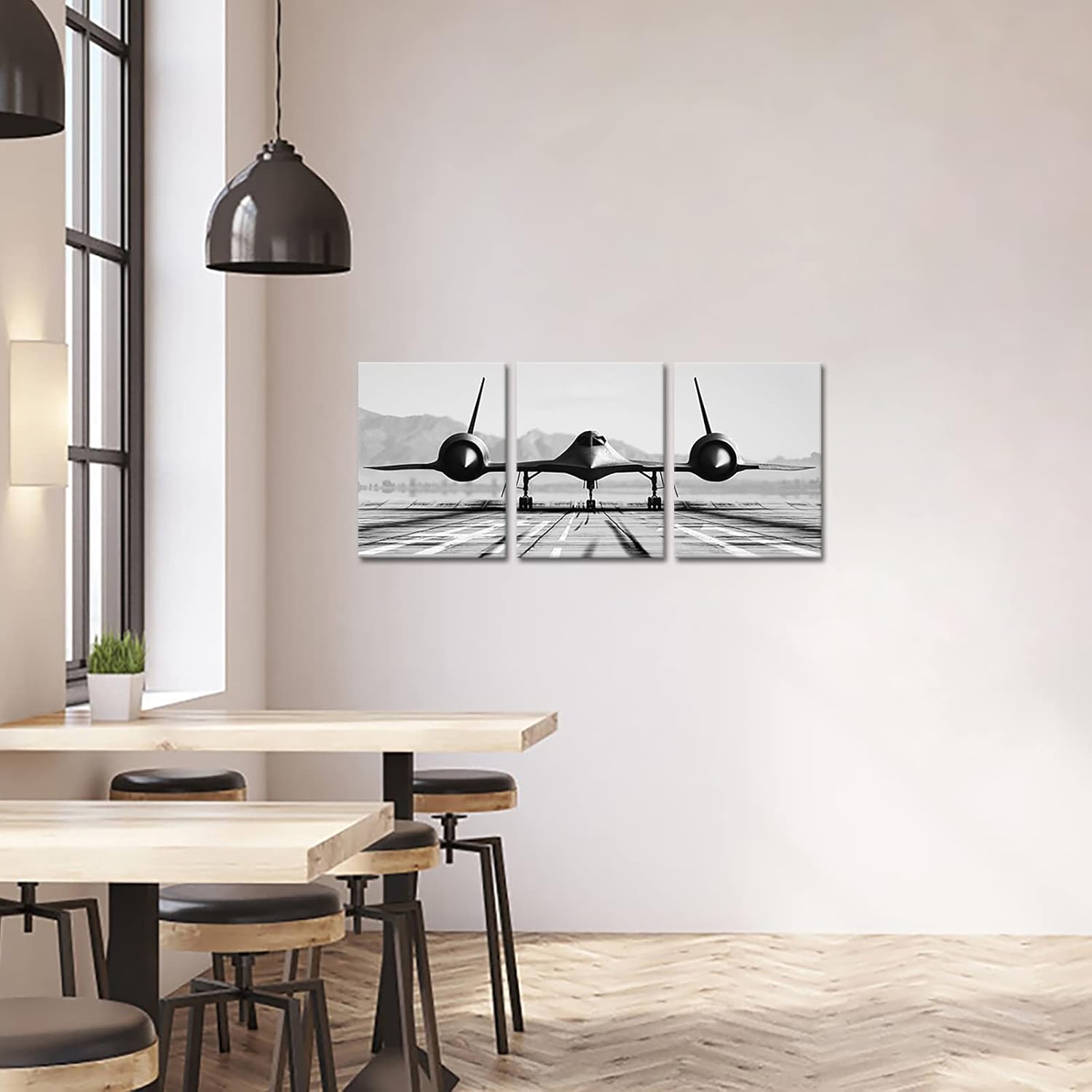 ArtKissMore Black White Airplane Art Wall Decor - Vintage Military Aircraft Sitting on the Runway Canvas Prints Wall Art Framed Plane Picture for Office Boy Room Bedroom 12x16inchx3 Panels