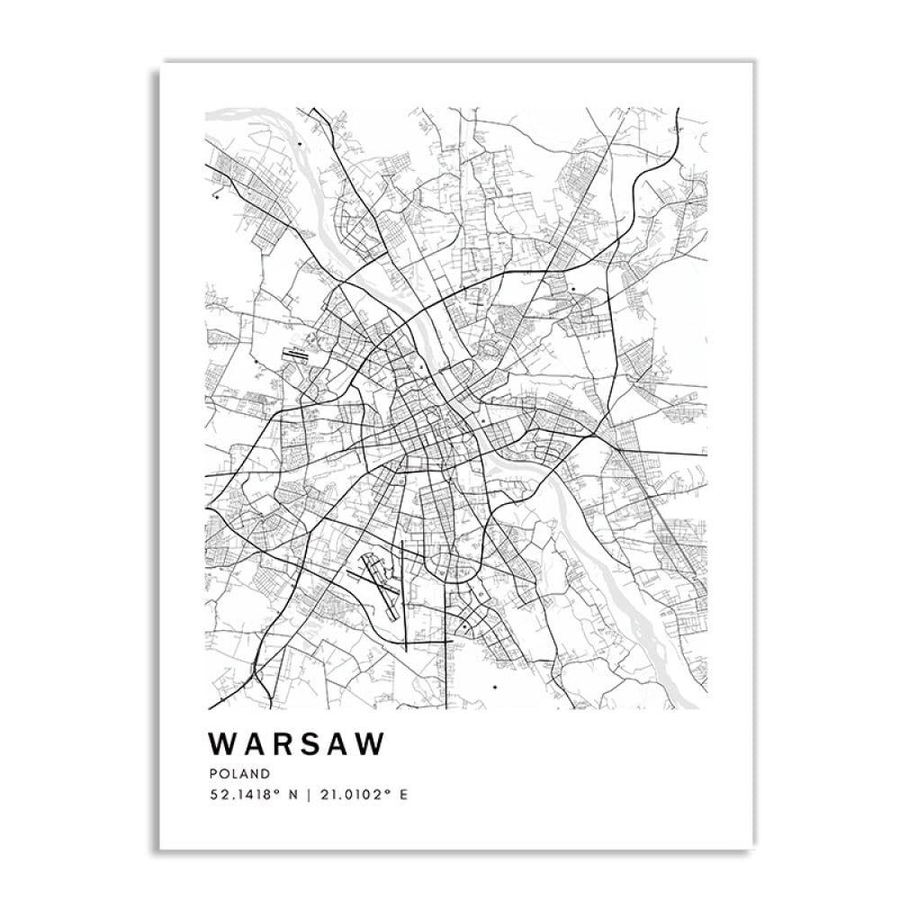 YMXCNM Druki artystyczne, plakaty, mapa Warszawy, sztuka ścienna, obrazy, duże plakaty, nowoczesne czarno-białe wydruki, miasto, prostokąt, pop, murale, dzieło sztuki, do salonu, sypialni, wystrój domu, 70 x 100 cm