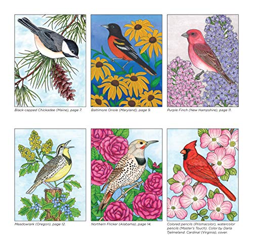 Birds at Home Coloring Book: 50 State Birds and Flowers (Design Originals) From Alabama's Camellia to Wyoming's Meadowlark with 24 Removable Cards, Common & Scientific Names, and 12 Inspiring Examples - Image 3